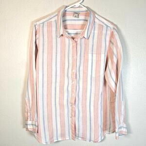 L.L. Bean Linen Shirt Womens XL Orange Blue Stripe Coastal Classic Summer Casual
